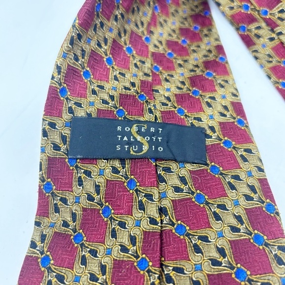 ROBERT TALBOTT STUDIO Men’s Maroon Blue Scroll Print Silk Hand Made Tie USA 59” - Picture 5 of 7